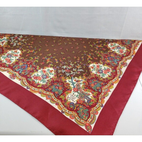 Liberty of London 100% Silk Twill Red Brown Floral Foulard Border Scarf 23"X23" - Picture 11 of 16